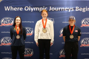 L to R The Junior Women’s Smallbore Rifle medalists, Mary Tucker, silver; Katie Zaun, gold; and Cecelia Ossi, bronze.