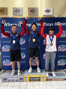 Rapid Fire: Rapid Fire Pistol overall medalists. L to R, Paul Kang, silver, Ryan Yi, gold, David Hong, bronze.